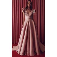 فستان سهرة ساتان وردي مطرز ، خط رقبة على شكل V ، أكمام منتفخة ، فستان سهرة رسمي ، 2020